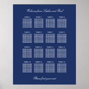 Póster de gráfico de asientos de boda de mesa 16 a