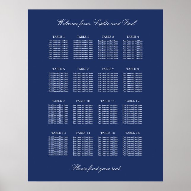 Póster de gráfico de asientos de boda de mesa 16 a (Frente)