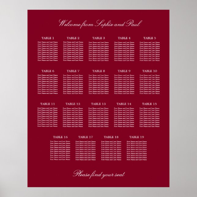 Póster de gráfico de asientos de boda de mesa 19 d (Frente)
