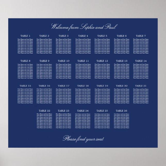 Póster de gráfico de asientos de boda de mesa 26 a (Frente)