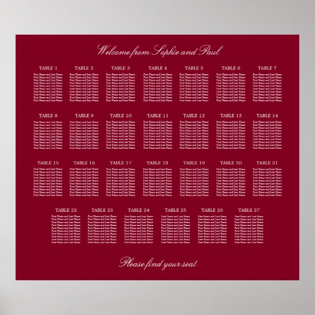 Póster de gráfico de asientos de boda de mesa 27 d (Frente)
