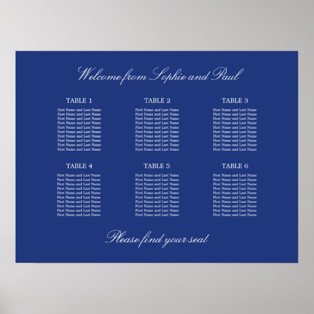 Póster de gráfico de asientos de boda de mesa 6 az (Frente)