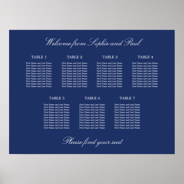 Póster de gráfico de asientos de boda de mesa 7 az (Frente)