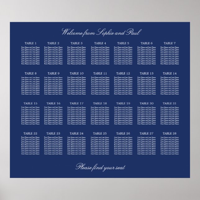Póster de gráfico de asientos de boda de mesa azul (Frente)