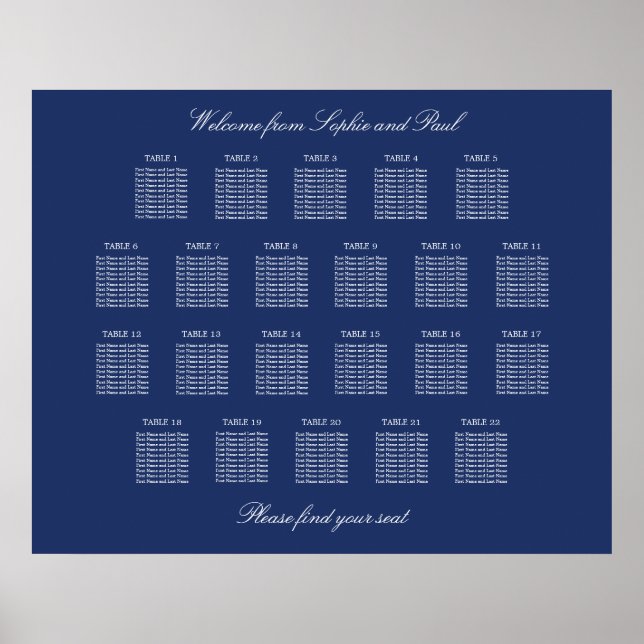 Póster de gráfico de asientos de boda de mesa azul (Frente)