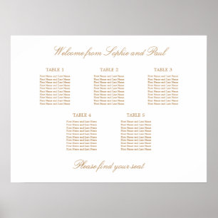 Póster de gráfico de asientos de boda de mesa dora