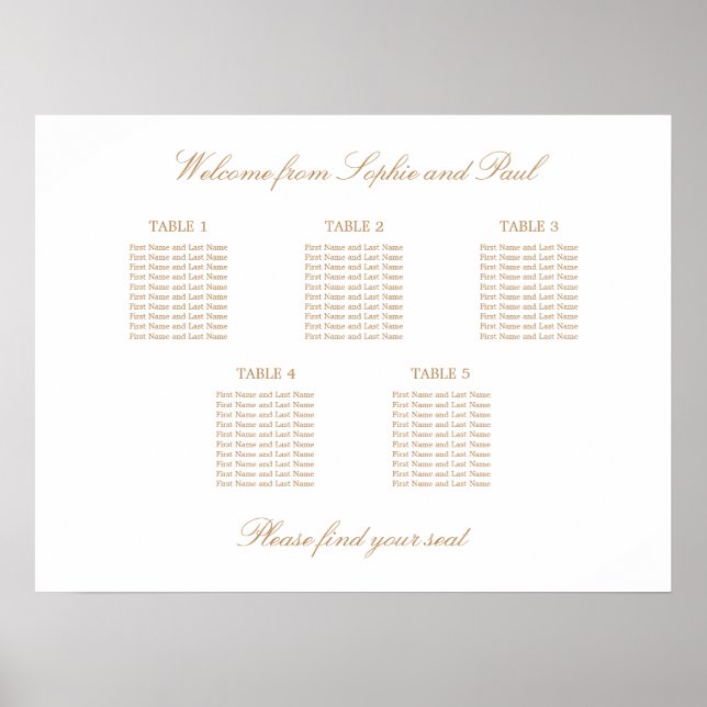 Póster de gráfico de asientos de boda de mesa dora (Frente)