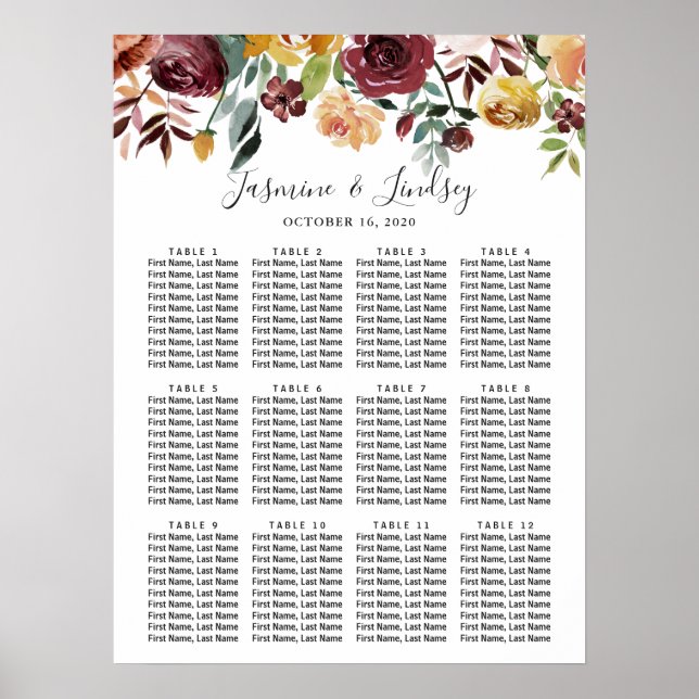 Póster de gráfico de asientos de boda floral de Bo (Frente)