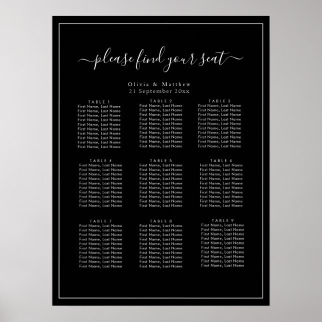 Póster de gráfico de asientos de boda negro minima (Frente)