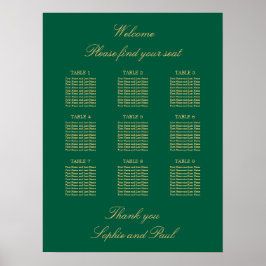 Póster de gráfico de asientos de mesa verde dorado