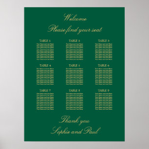 Póster de gráfico de asientos de mesa verde dorado
