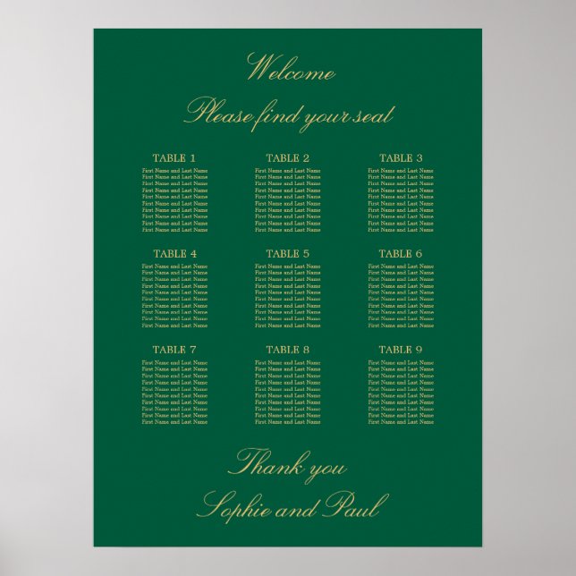 Póster de gráfico de asientos de mesa verde dorado (Frente)