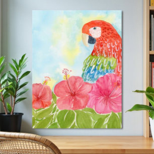 Póster de Guacamayas Escarlatas y Hibiscos Rosados