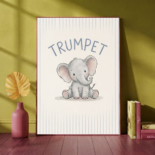 Póster de guardería de elefante bebé con rayas azu