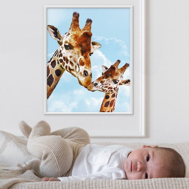 Póster de guardería de jirafas lindas (Adorable poster featuring a watercolor illustration of a giraffe mom and baby)