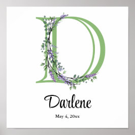 Póster de guardería de Monograma D Lavanda Eucalip
