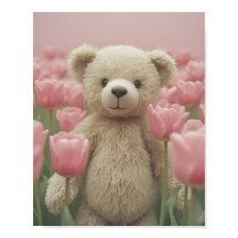 Póster de guardería de osito de peluche y tulipán