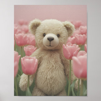 Póster de guardería de osito de peluche y tulipán