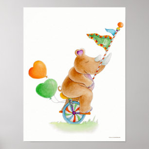 Póster de guardería de rinoceronte en monociclo de