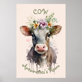 Póster de guardería de vaca en acuarela adorable