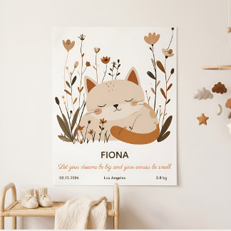 Póster de guardería floral de gatito durmiendo dul
