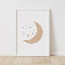 Póster de guardería Luna y estrellas de acuarela p