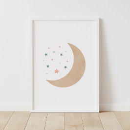 Póster de guardería Luna y estrellas de acuarela p