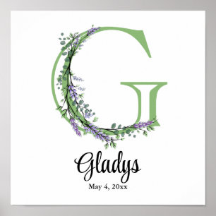 Póster de guardería Monograma G Lavanda Eucalipto