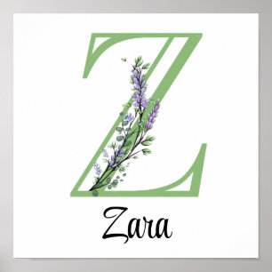 Póster de guardería Monograma Z Lavanda Eucalipto