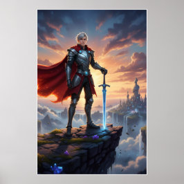 Póster de guerrero caballero de fantasía con espad