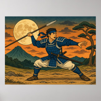 Póster de Guerrero Japonés con Lanza bajo Luna Lle