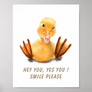 Póster de guiño de patito amarillo juguetón sonrie