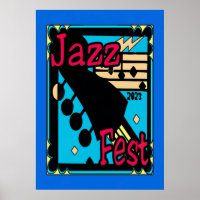 Póster de guitarra en azul del Jazz Fest