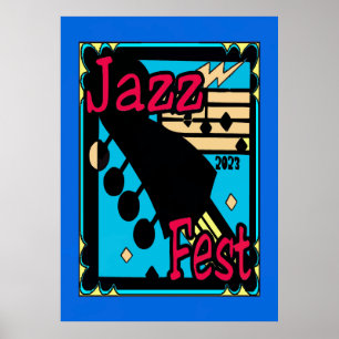Póster de guitarra en azul del Jazz Fest