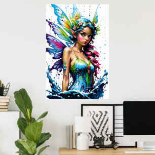 Póster de hada fantástico de color cian y verde he