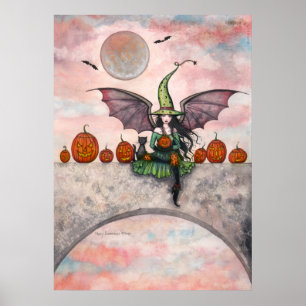 Póster de Halloween Bruja Gatos Jack-O-Linternas