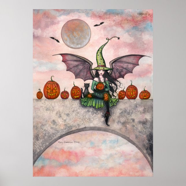 Póster de Halloween Bruja Gatos Jack-O-Linternas (Frente)
