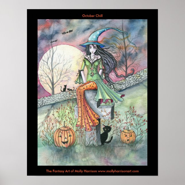 Póster de Halloween de Bruja Gato Octubre Fresco (Frente)