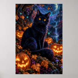 Póster de Halloween de gato negro a la luz de la l