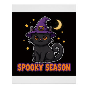 Póster de Halloween de sombrero de bruja gato negr