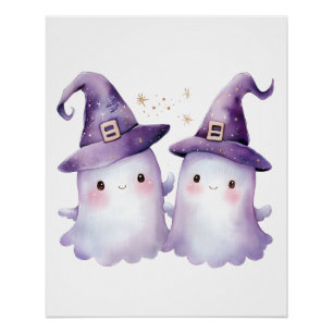 Póster de Halloween Duo de Fantasmas Bruja Pastel