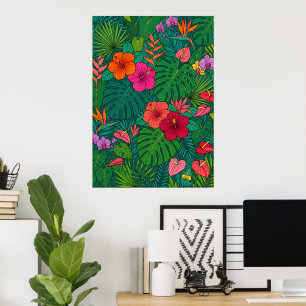 Póster de hojas de jungla botánica de hibisco trop