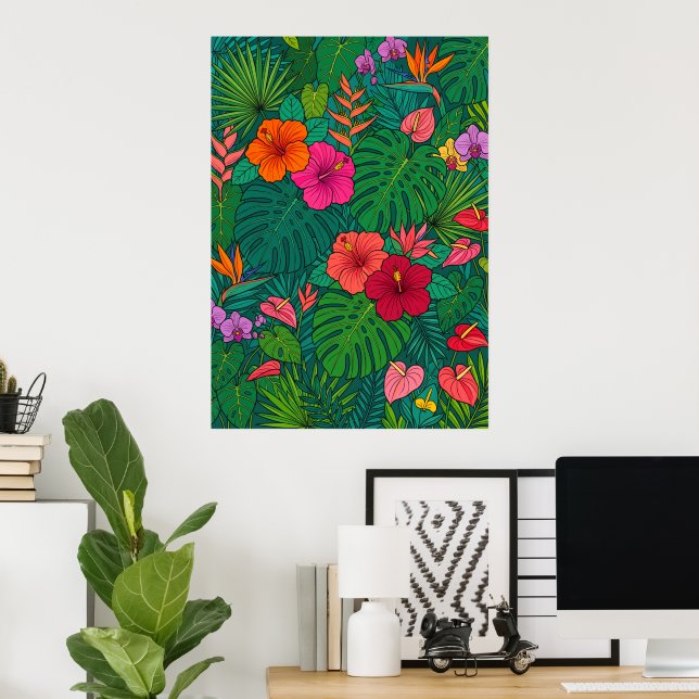 Póster de hojas de jungla botánica de hibisco trop (Oficina en casa)