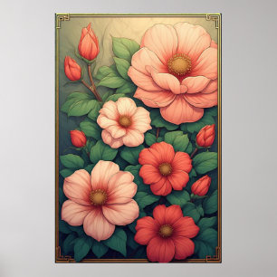 Póster de Hojas y Flores Verdes Vintage Floral