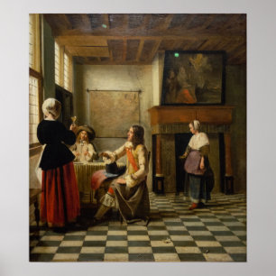 Póster De Hooch - Una mujer bebiendo con dos hombres 1658