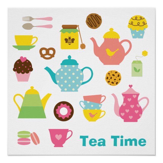 Póster de Hora del Té – Tetera y Dulces Pastel Cut (Anverso)