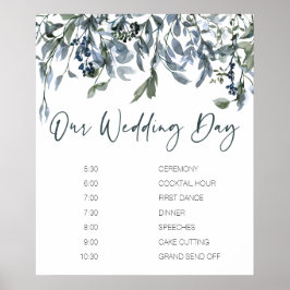 Póster de horario de boda floral verde plateado de