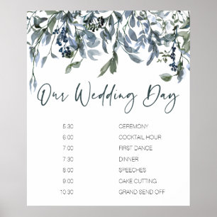 Póster de horario de boda floral verde plateado de