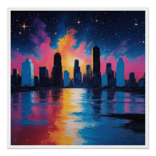 Póster de horizonte urbano futurista al atardecer