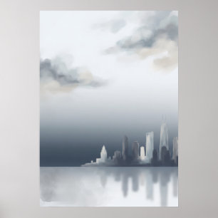 Póster de horizonte urbano junto al agua gris nieb